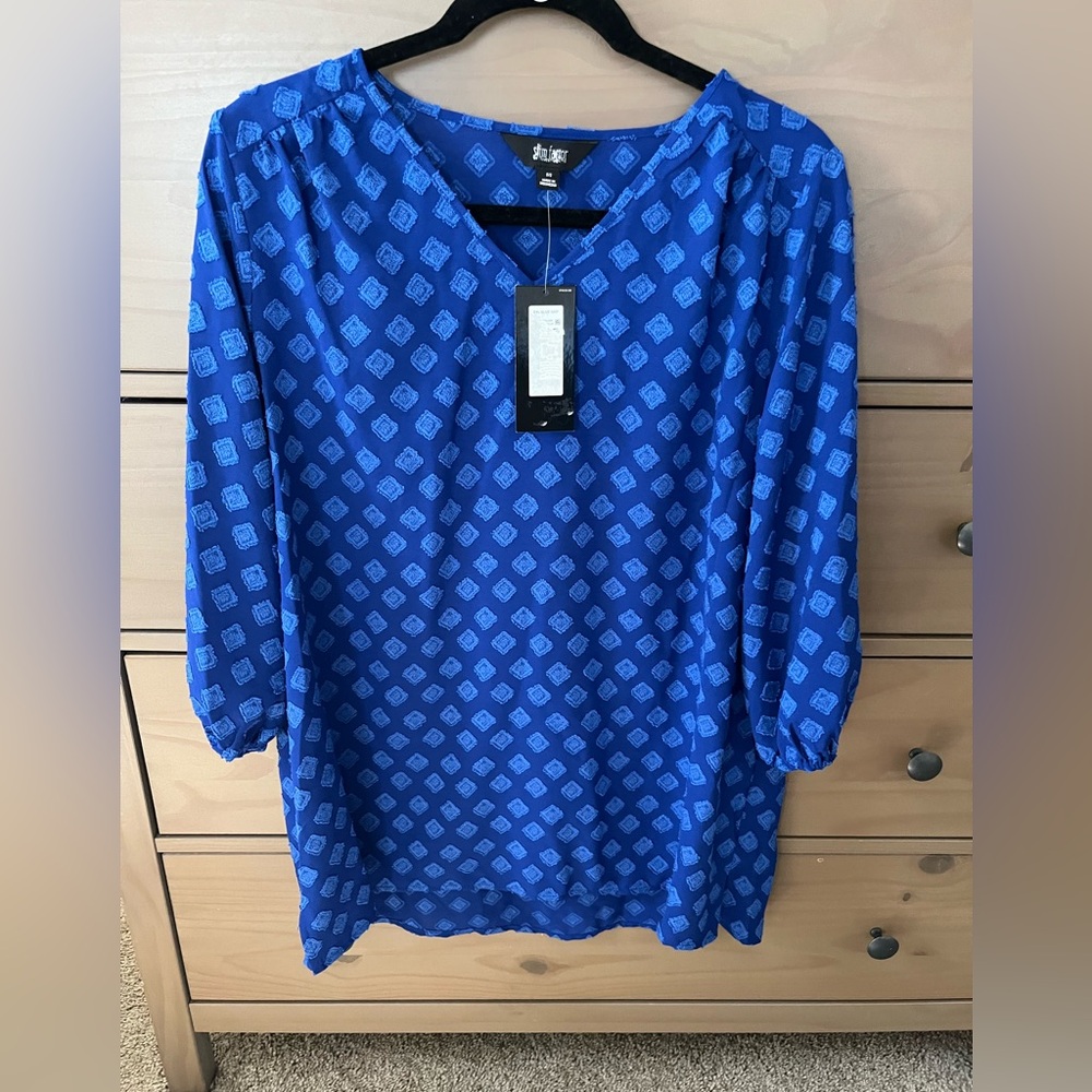 NWT Slim Factor by Investments tunic hi low Blue Patterned Women's Top